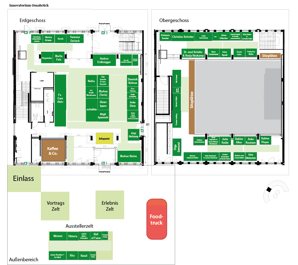 Ausstellerplan der GESUND & MUNTER Messe 2026 mit Erdgeschoss, Obergeschoss und Außenbereich des INNOVATORIUM Osnabrück