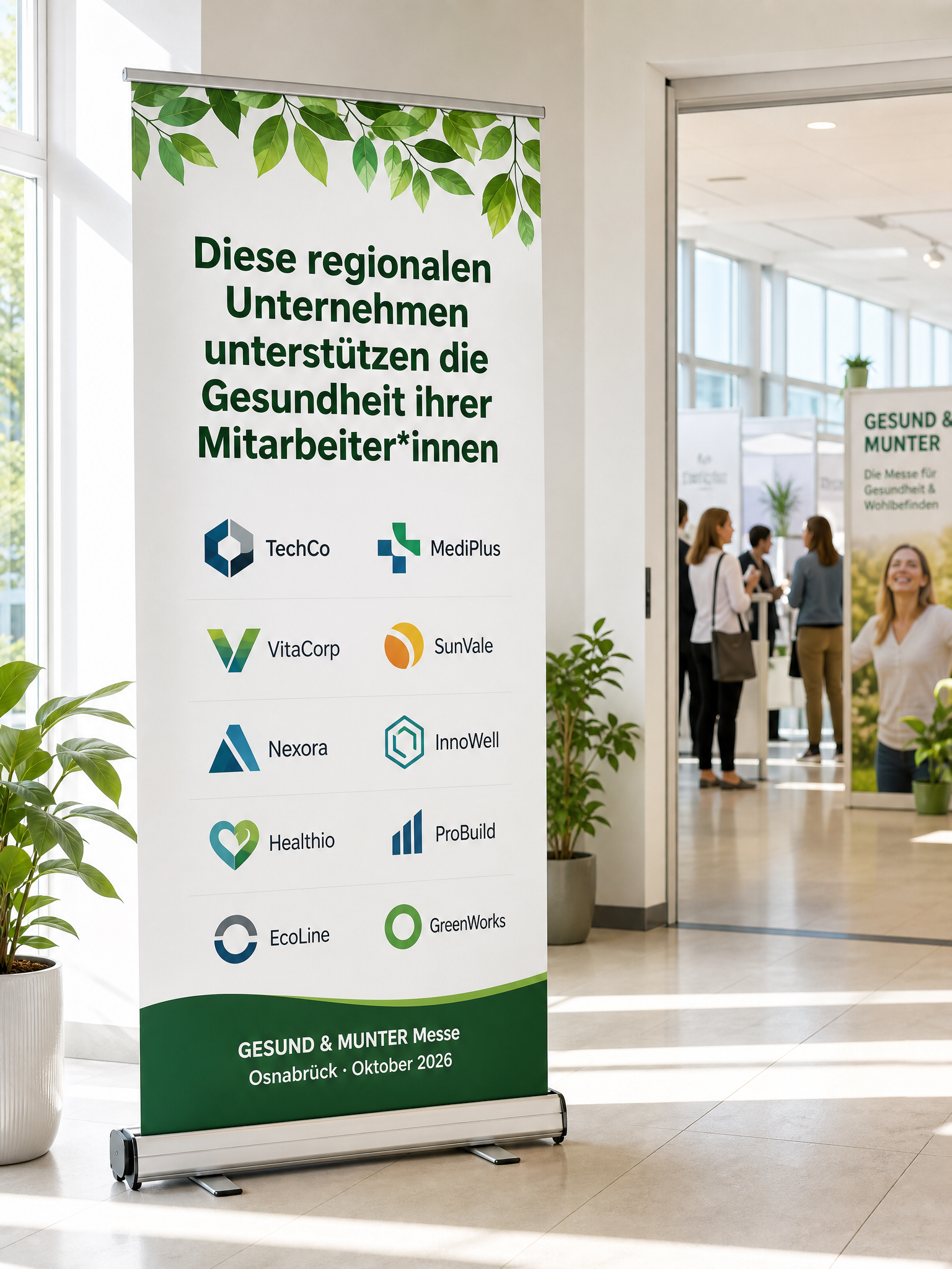 Beispielhafte Werbetafel im Eingangsbereich der Gesund & Munter Messe mit Logos unterstützender regionaler Unternehmen